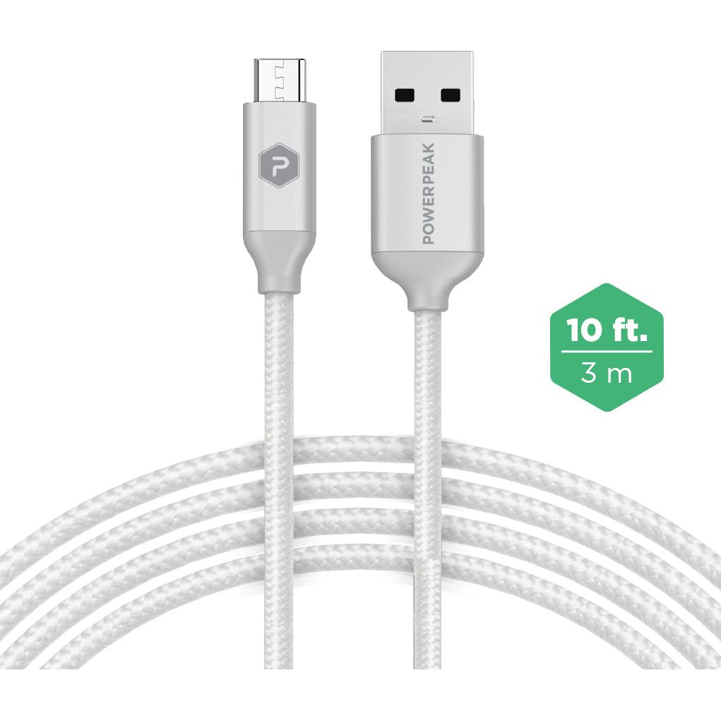 PowerPeak 10ft. Braided Nylon Metallic Micro USB Charge & Sync Cable - Silver