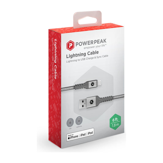 PowerPeak 6ft. Braided Nylon Metallic Lightning USB Charge & Sync Cable - White/Silver