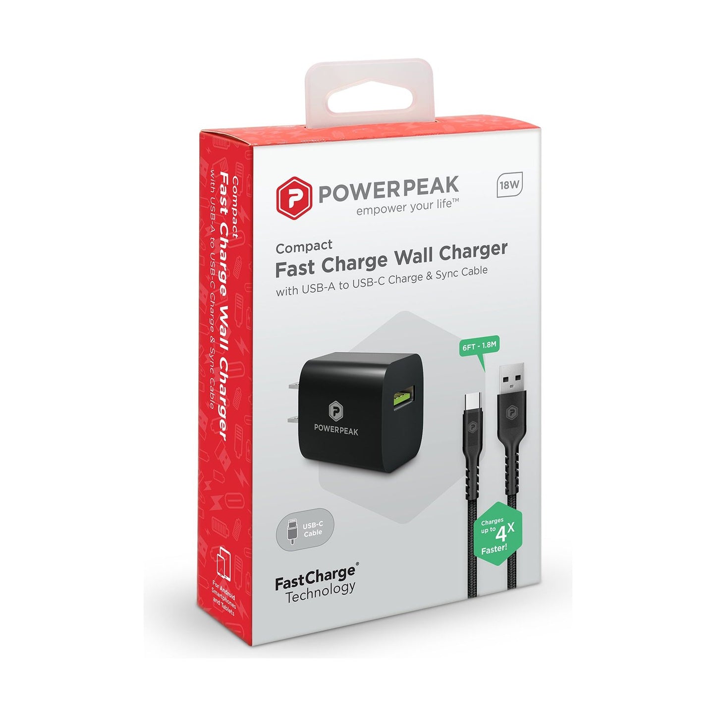 PowerPeak Quick Charge 18W USB To C Wall Charger With 6ft. Braided Cable - Black {18 Watt}