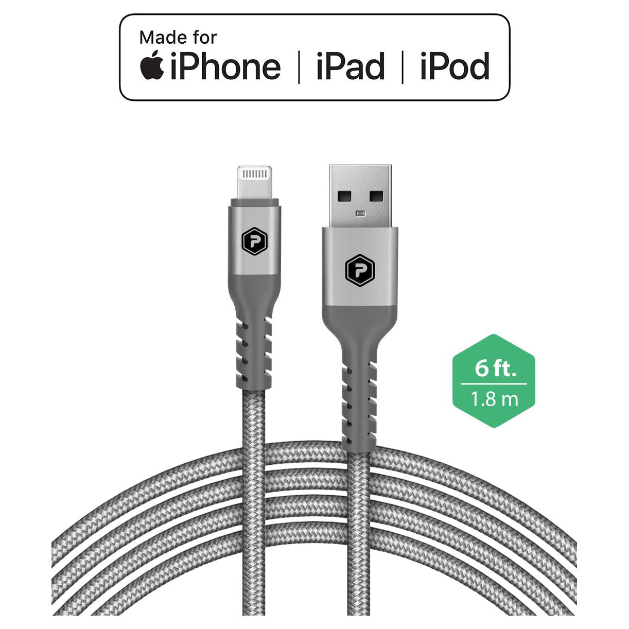PowerPeak 6ft. Braided Nylon Metallic Lightning USB Charge & Sync Cable - White/Silver
