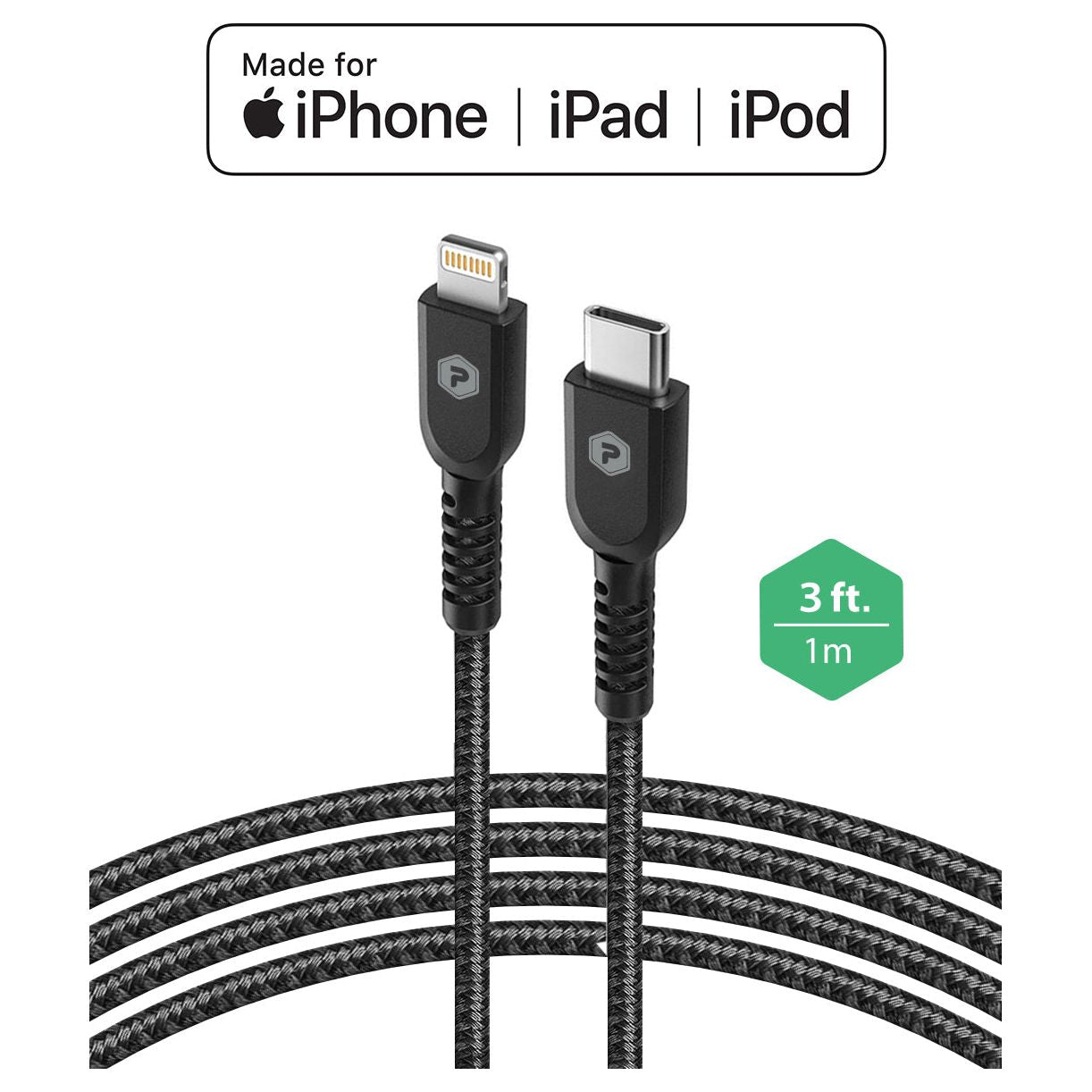 PowerPeak 3ft. Braided Nylon USB-C to Lightning Cable - Black