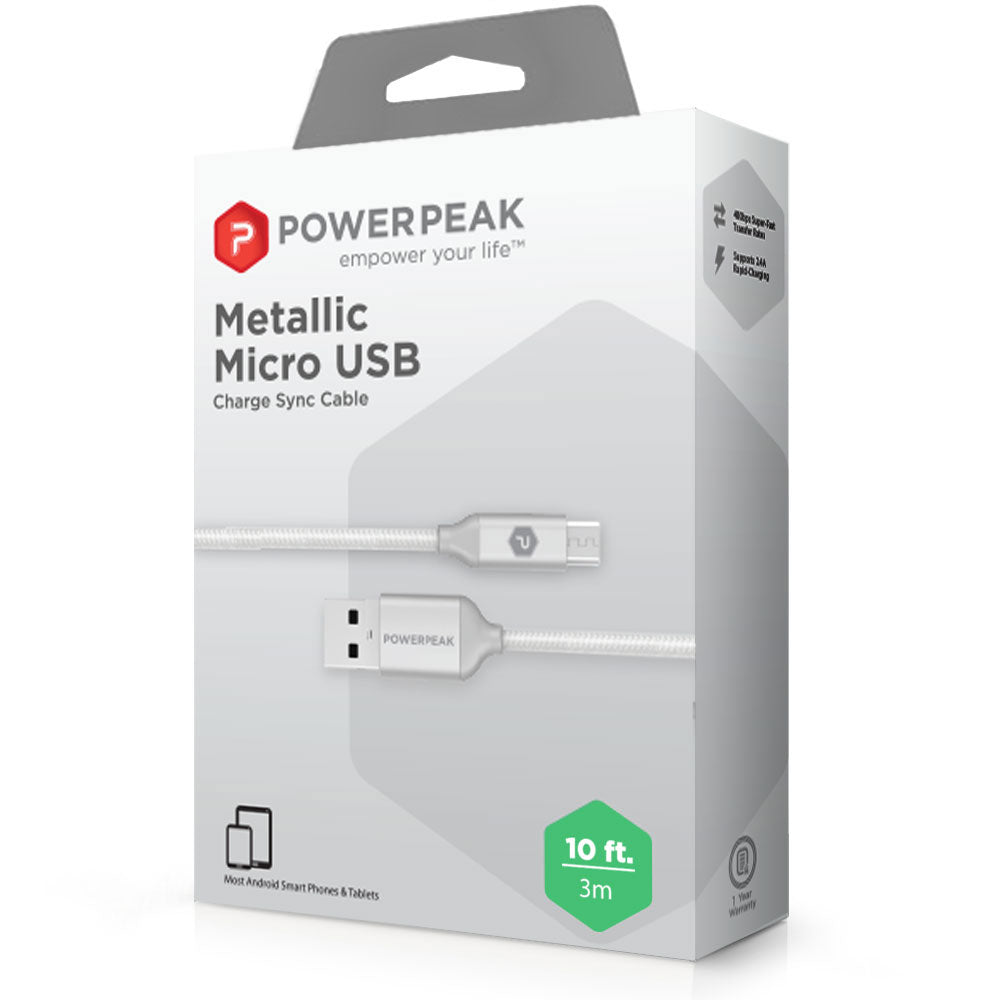 PowerPeak 10ft. Braided Nylon Metallic Micro USB Charge & Sync Cable - Silver