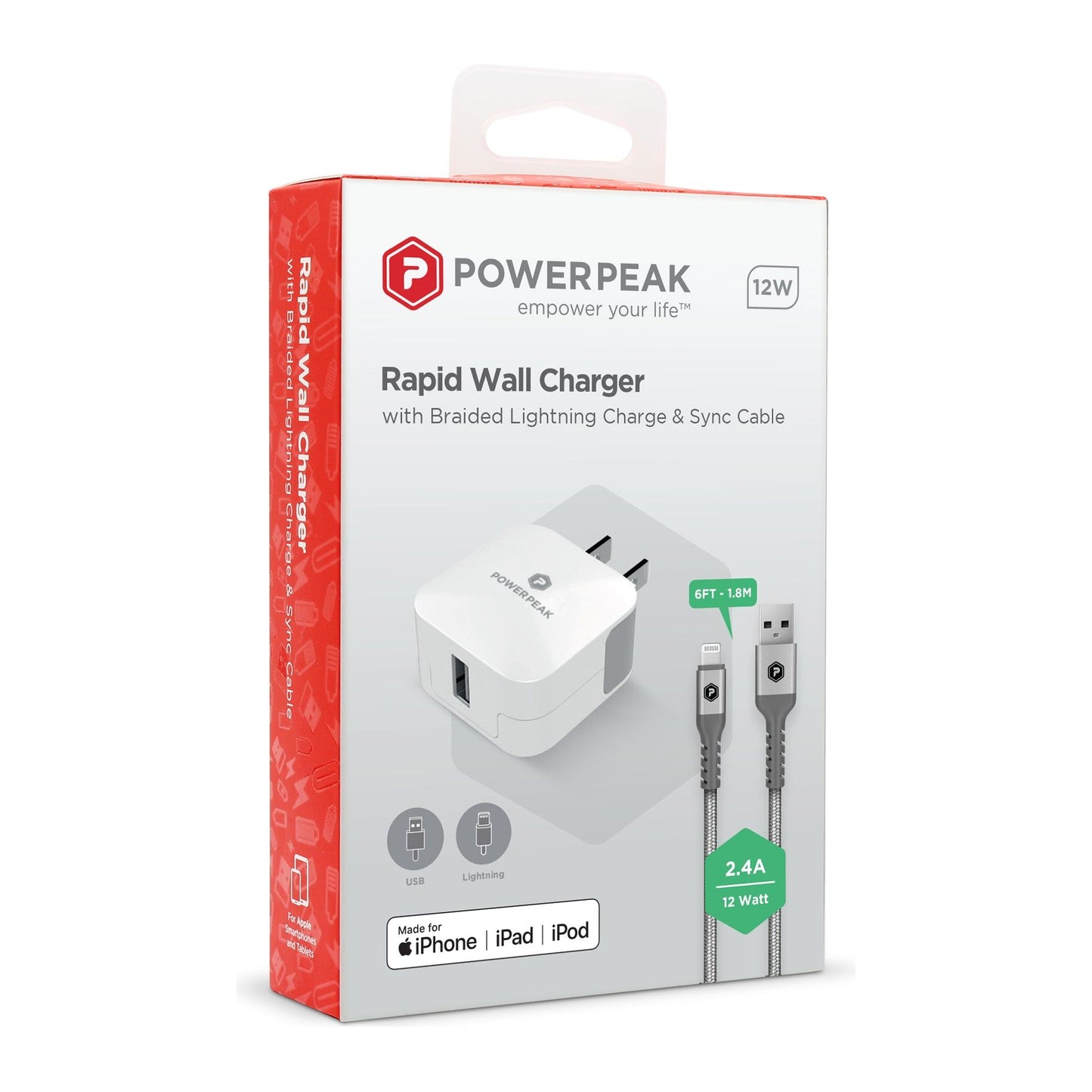 POWERPEAK SINGLE PORT RAPID WALL CHARGER WITH LIGHTNING CABLE {12 WATTS}