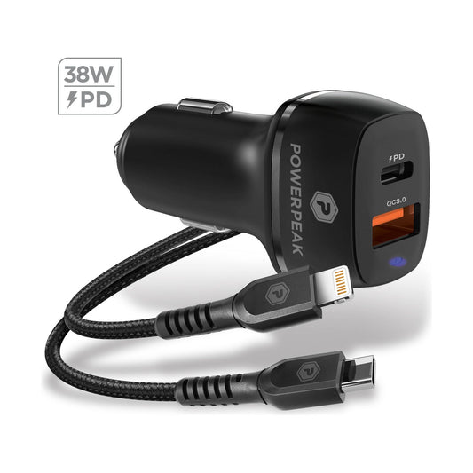 PowerPeak Dual Port Fast Charge PD Car Charger W/USB-C To Lighting [30W] - Black