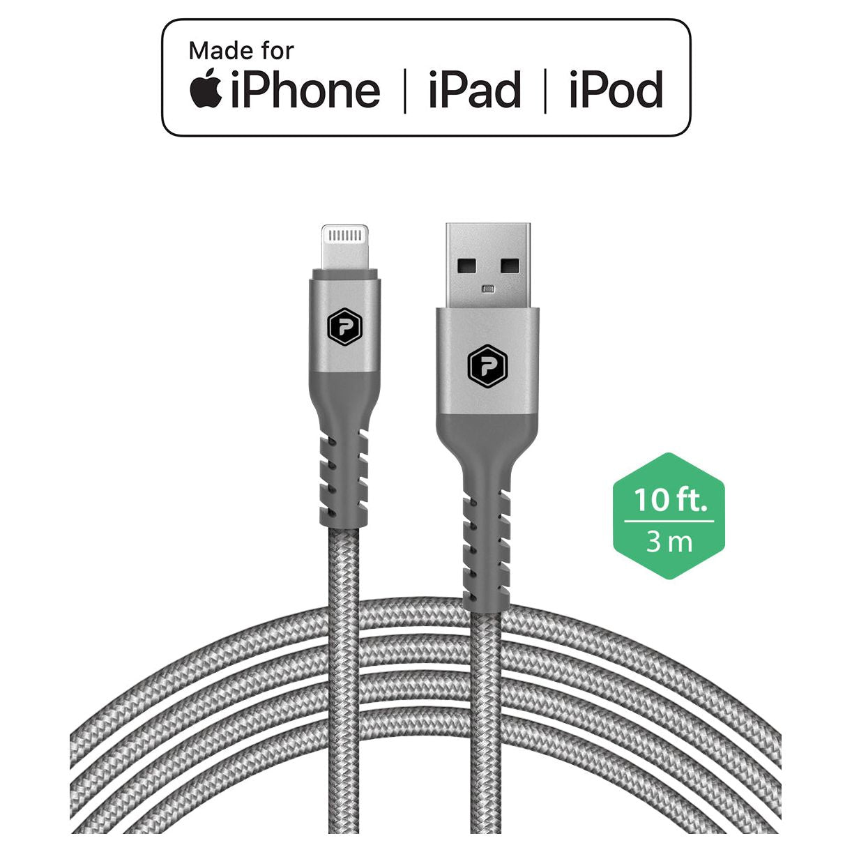 POWERPEAK EXTRA-LONG PREMIUM BRAIDED LIGHTNING CABLE 10 FT. METALLIC USB CHARGE & SYNC CABLE