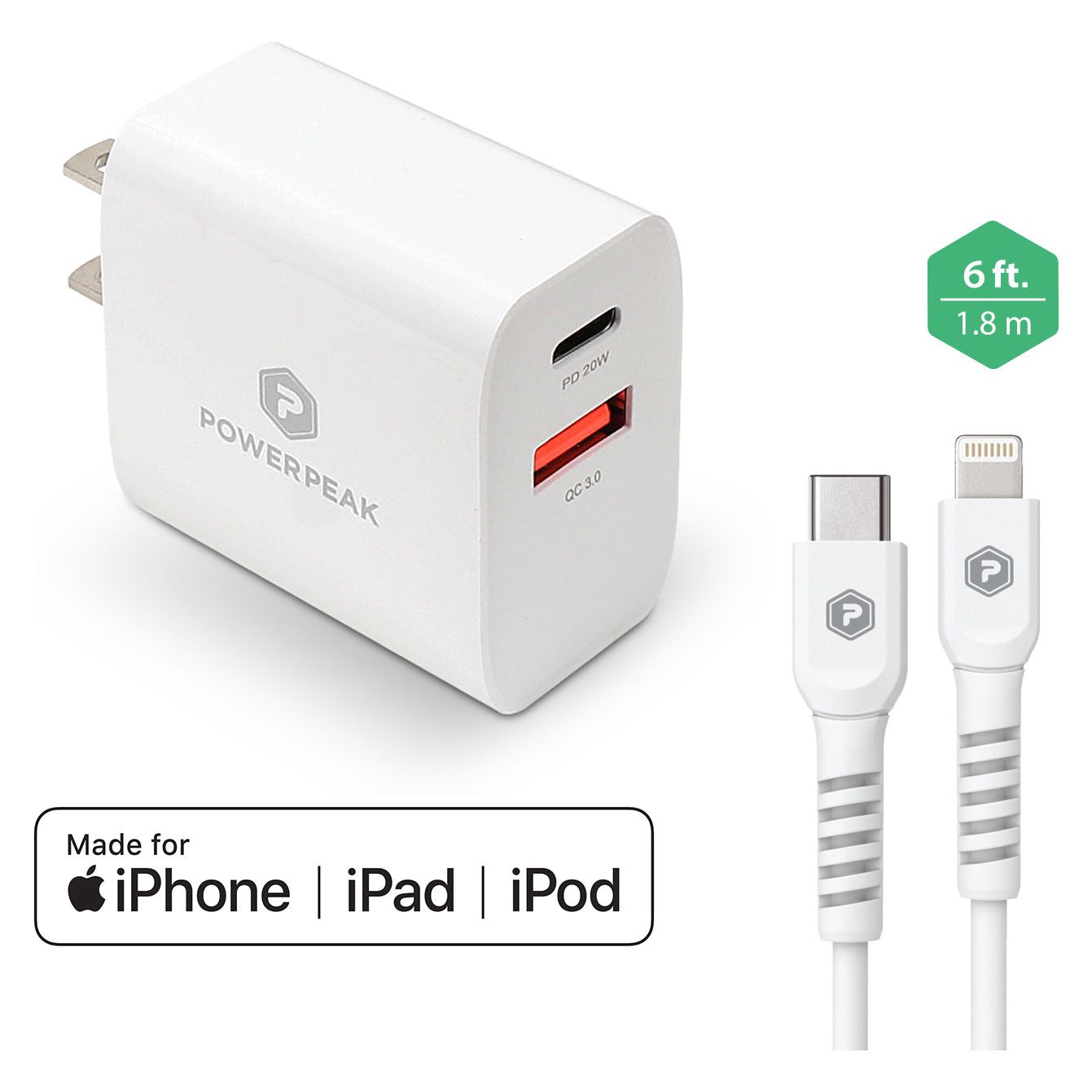 POWERPEAK DUAL PORT PD FAST CHARGE WALL CHARGER WITH USB-C TO LIGHTNING CHARGE {SPEED X2 20W}