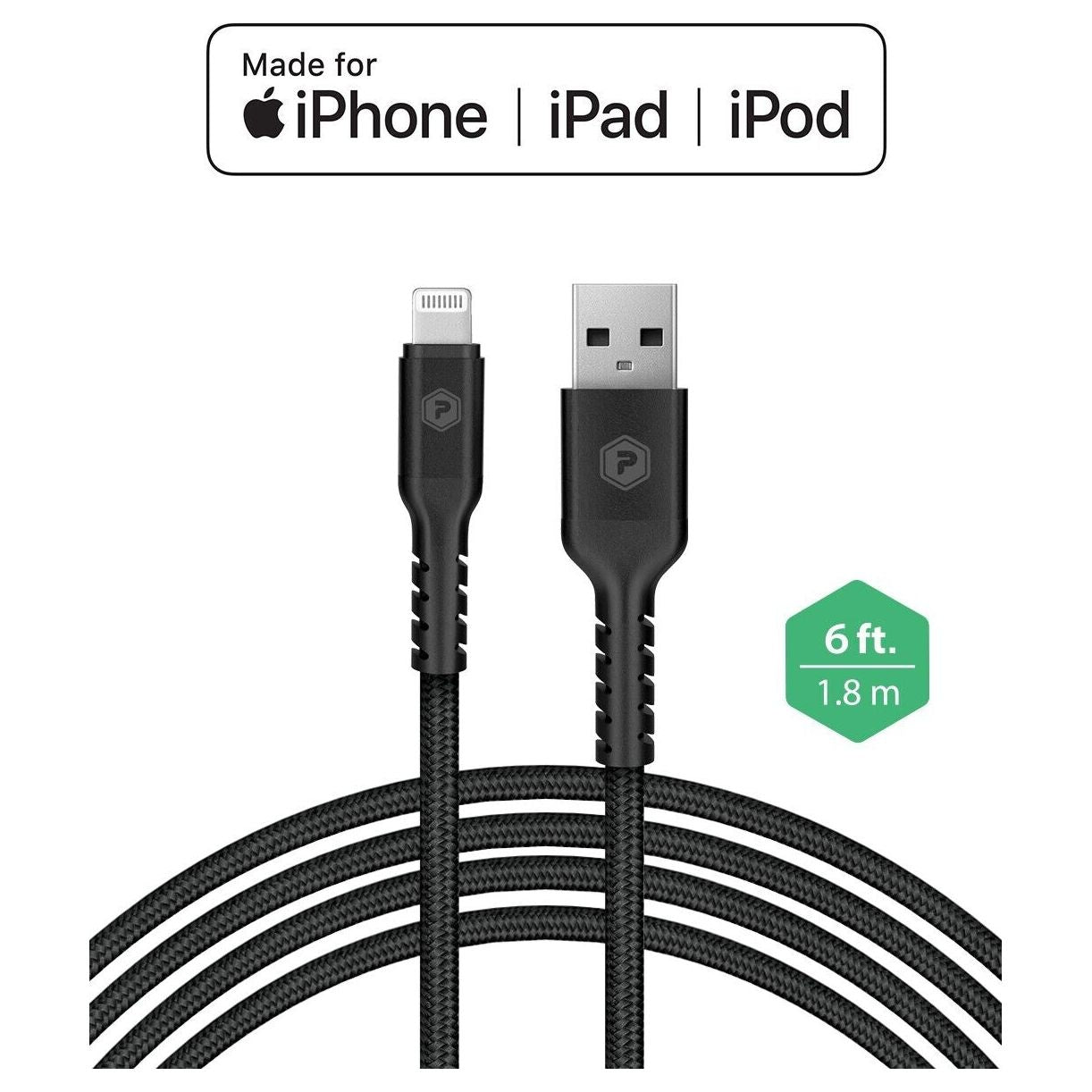 PowerPeak 6ft. Braided Nylon Metallic Lightning USB Charge & Sync Cable - Black