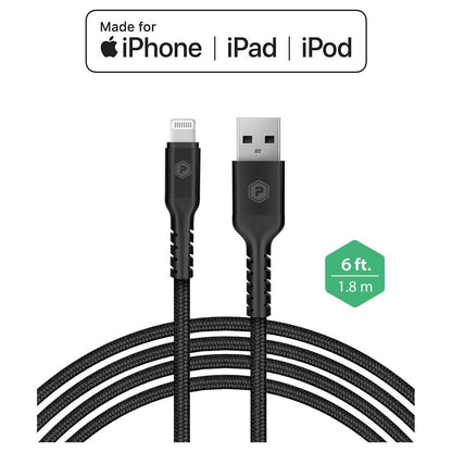 PowerPeak 6ft. Braided Nylon Metallic Lightning USB Charge & Sync Cable - Black