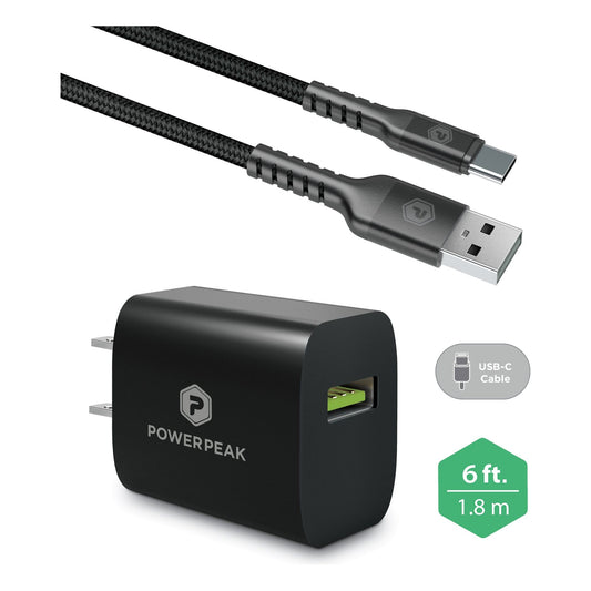 PowerPeak Quick Charge 18W USB To C Wall Charger With 6ft. Braided Cable - Black {18 Watt}