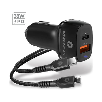 POWERPEAK DUAL PORT FAST CHARGE PD CAR CHARGER W/USB-C TO USB-C - [30W] - BLACK