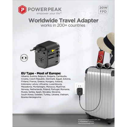 POWERPEAK INTERNATIONAL POWER ADAPTER, 1 USB TYPE C 18W PD PLUG - 1 USB PORT WALL CHARGER USB TYP