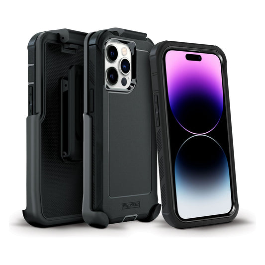 IPHONE 14(6.1) PRO - BOULDER - BLACK - HEAVY-DUTY CO-MOLDED RUGGED PROTECTIVE CASE W/ BELT CLIP HOSLTER