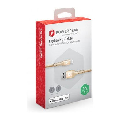 POWERPEAK 6FT. BRAIDED NYLON METALLIC LIGHTNING USB CHARGE & SYNC CABLE - GOLD