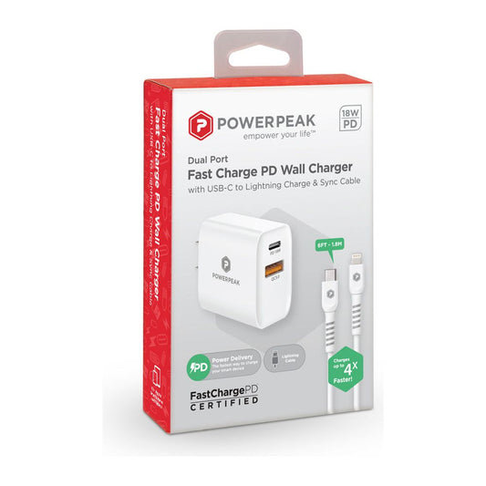 POWERPEAK DUAL PORT PD FAST CHARGE WALL CHARGER WITH USB-C TO LIGHTNING CHARGE {SPEED X2 20W}