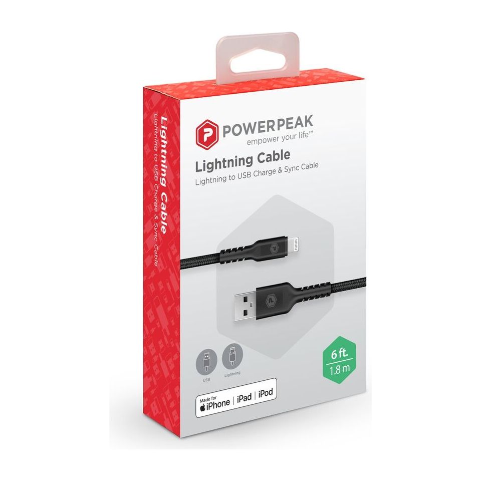 PowerPeak 6ft. Braided Nylon Metallic Lightning USB Charge & Sync Cable - Black