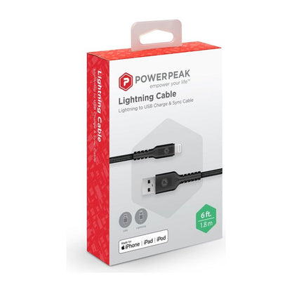 PowerPeak 6ft. Braided Nylon Metallic Lightning USB Charge & Sync Cable - Black