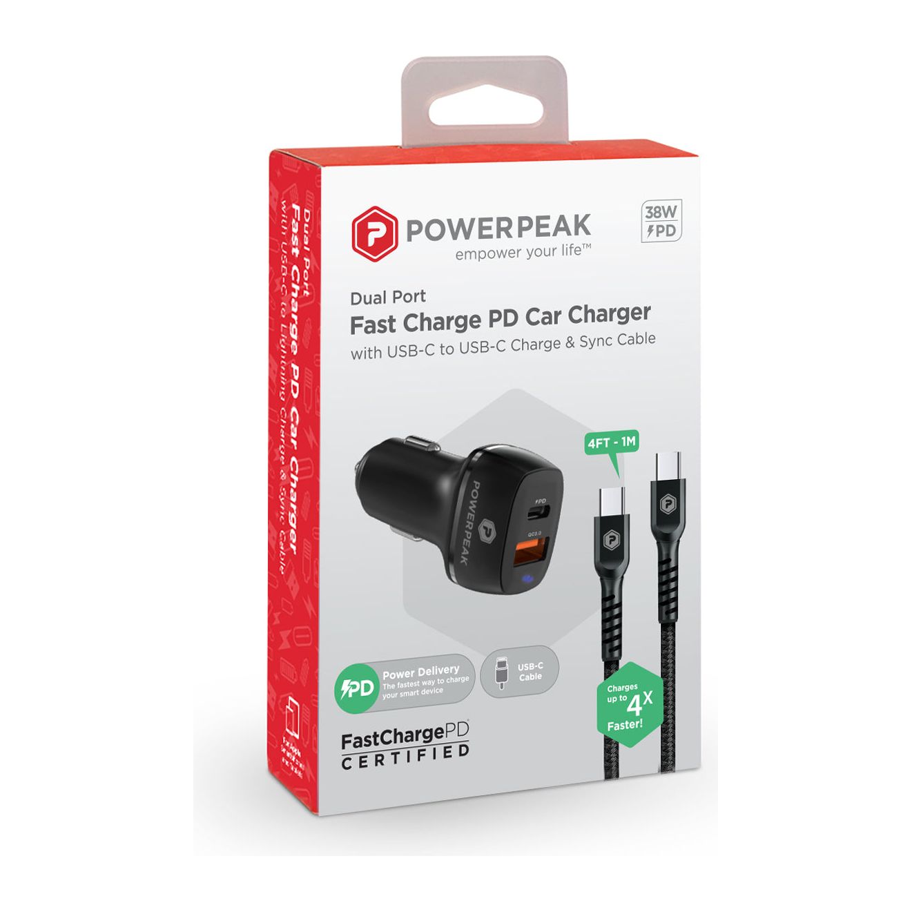 POWERPEAK DUAL PORT FAST CHARGE PD CAR CHARGER W/USB-C TO USB-C - [30W] - BLACK