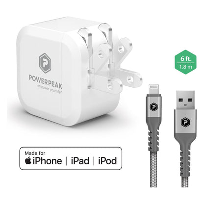 POWERPEAK SINGLE PORT RAPID WALL CHARGER WITH LIGHTNING CABLE {12 WATTS}