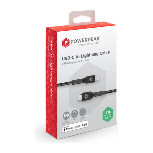 POWERPEAK 6FT. BRAIDED NYLON USB-C TO LIGHTNING CABLE - BLACK