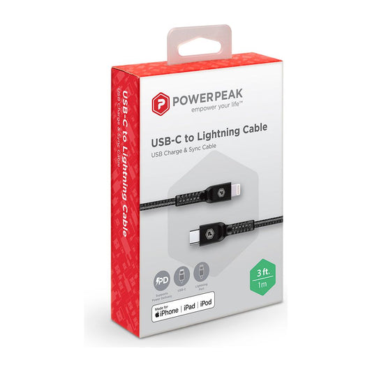 PowerPeak 3ft. Braided Nylon USB-C to Lightning Cable - Black